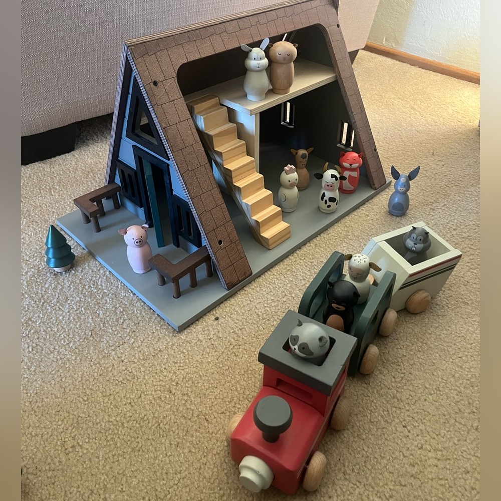 Harth & Hand with Magnolia wood train, cabin and critters.